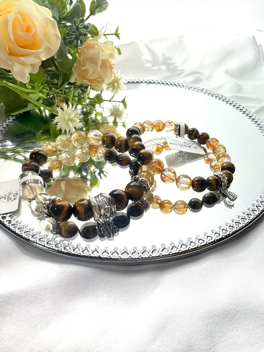 Premium Golden Tiger Eye, Hematoid Quartz & Citrine  | Confidence & Fortune Crystal Bracelet Set
